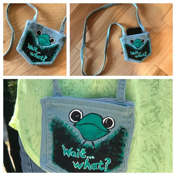 Handmade Crossbody Bag: Recycled Denim Cell Phone Holder, Whimsical Frog Purse - Picture 8 of 8